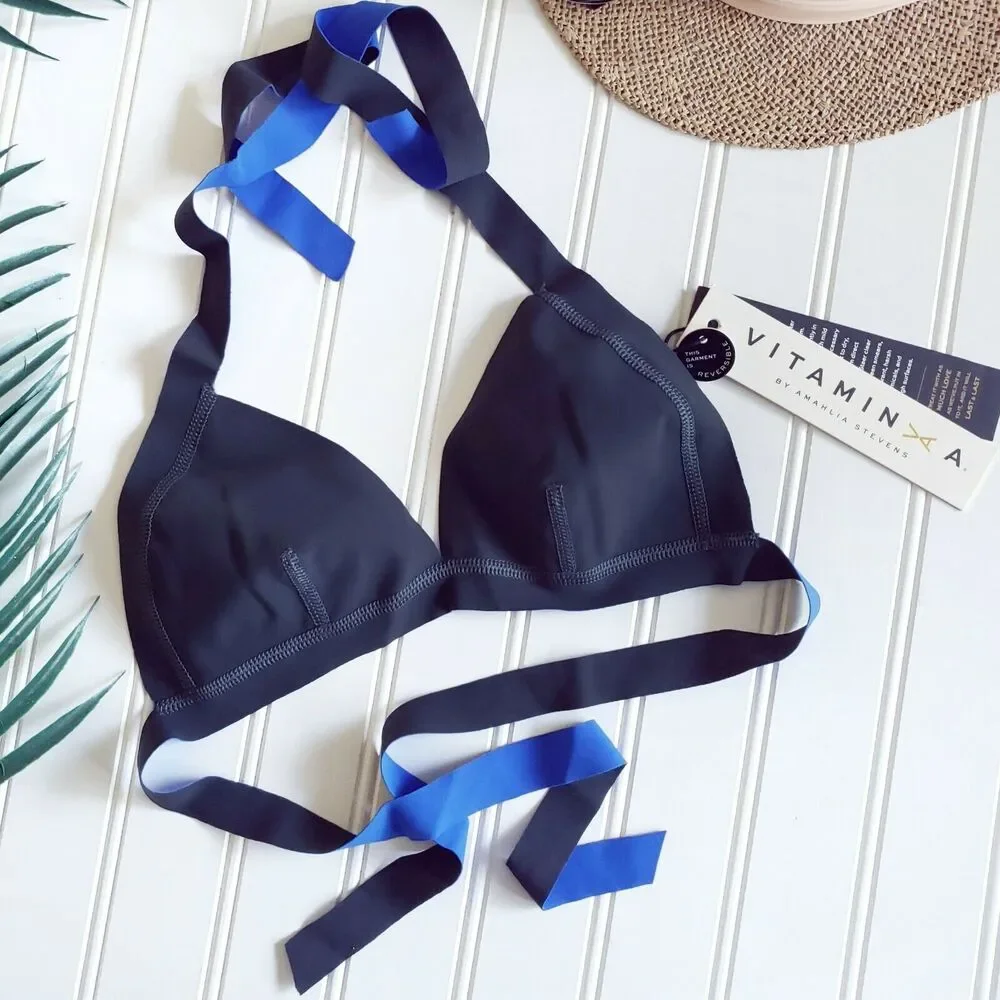 VITAMIN A reversible Odette triangle halter swim bikini top gray blue XS 4 NEW - Picture 2 of 6